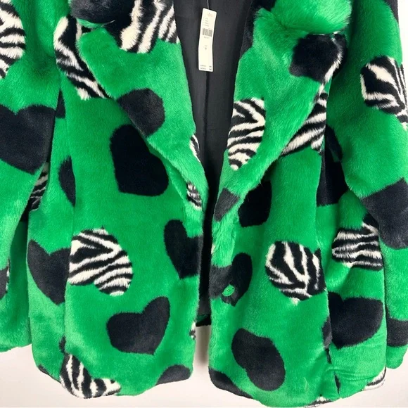 Maeve by Anthropologie Faux Fur Coat Green Black Multi Hearts Sz Medium NWT - Picture 11 of 16
